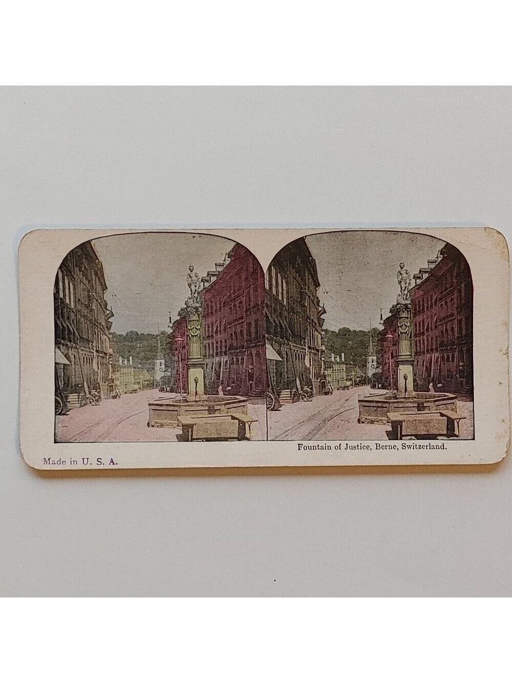 ANTIQUE Stereograph Card Fountain of Justice Berne Switzerland Full Colour